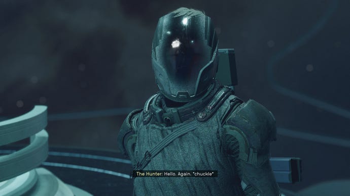 Players speak with The Hunter aboard the Scorpius in Starfield.