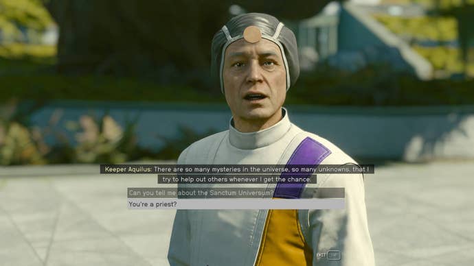 The player in Starfield speaks to Keeper Aquilus during a main story mission.