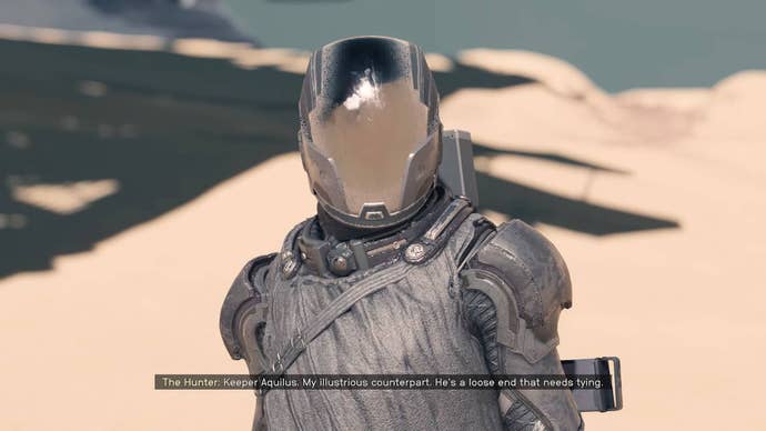 The player in Starfield speaks to The Hunter during a main story mission.