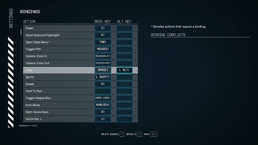 The keybinding menu in Starfield, with the Jump key highlighted.