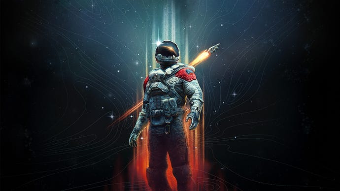 Starfield key art of the player character in a spacesuit, a star map in the background with a spaceship blasting off.