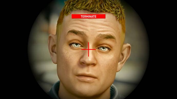 A close-up of the Adoring Fan’s face in Starfield, seen through a sniper scope aimed directly between his eyes. The word “TERMINATE” appears in red above his head.