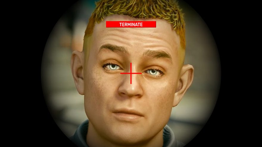 A close-up of the Adoring Fan’s face in Starfield, seen through a sniper scope aimed directly between his eyes. The word “TERMINATE” appears in red above his head.
