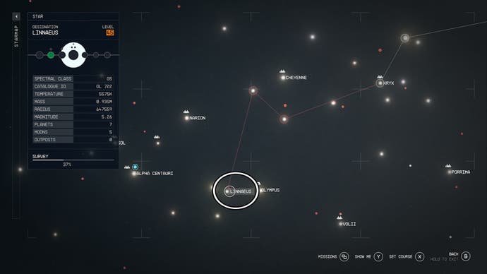 Starfield Linnaeus system location circled on star map