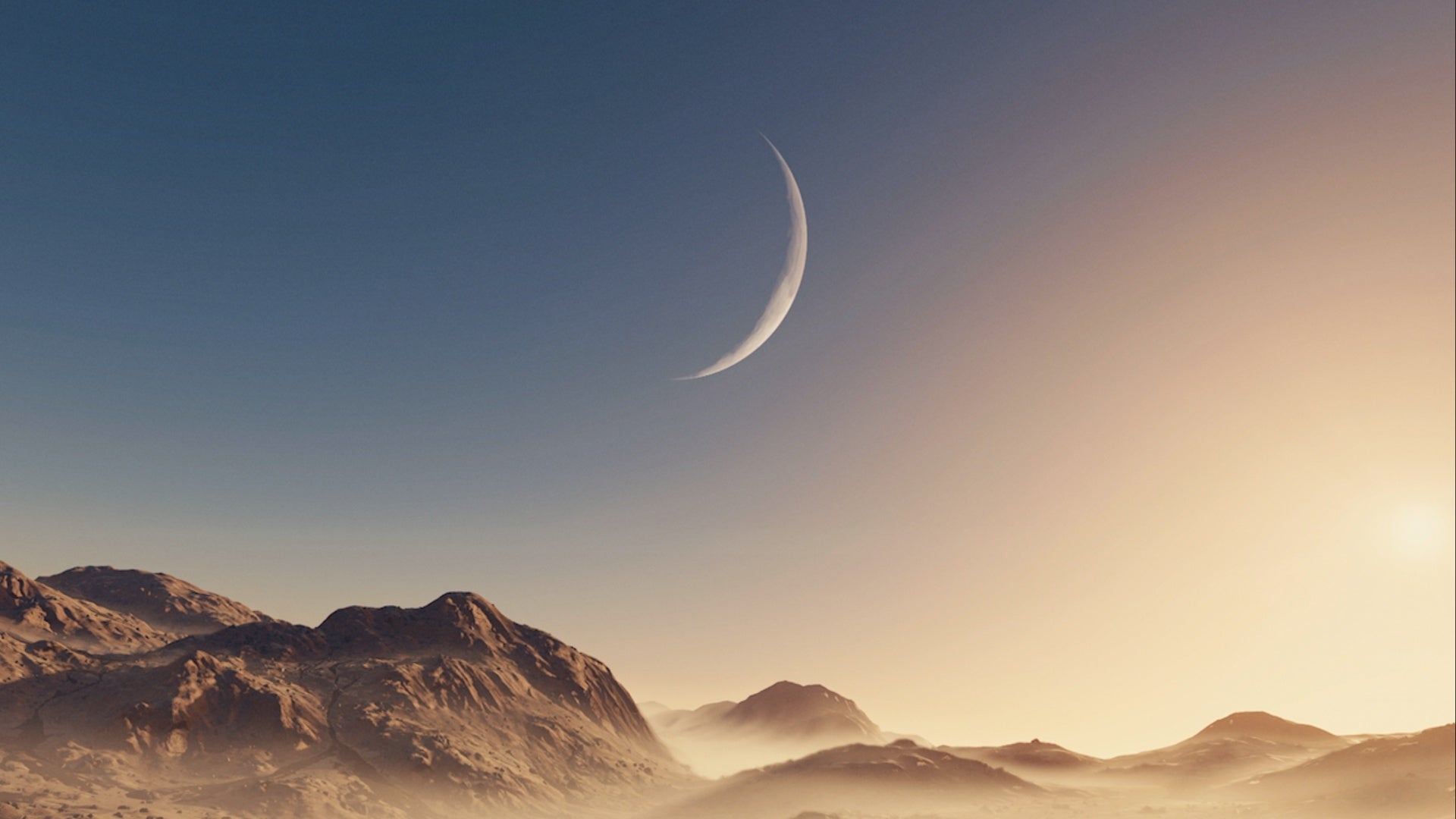 A Starfield loading screen showing an alien landscape with a crescent moon above mountains.