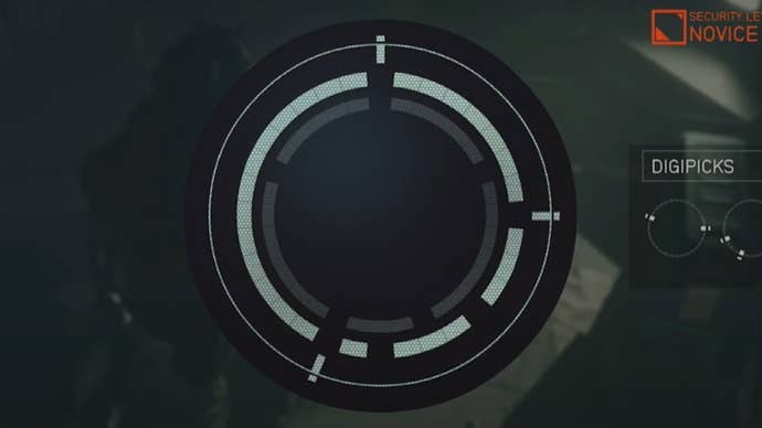 A Starfield lockpicking puzzle, with the key in the correct position.