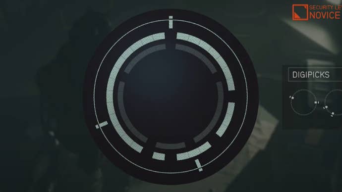 A Starfield lockpicking puzzle, with the key in the incorrect position.