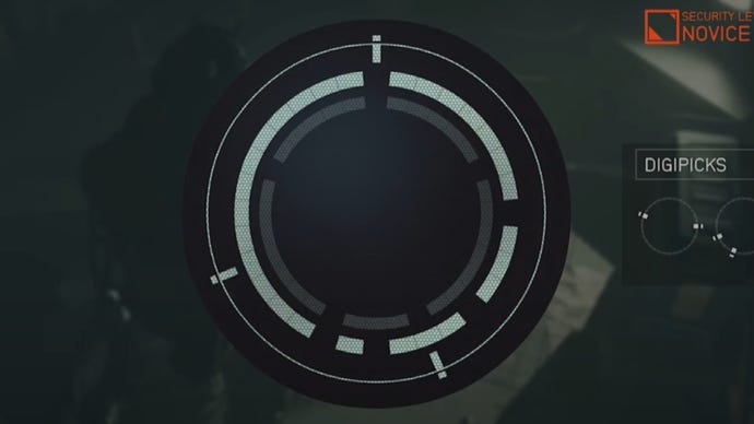 A Starfield lockpicking puzzle, with the key in the incorrect position.