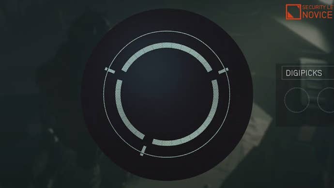 A partially complete lockpicking minigame puzzle in Starfield.