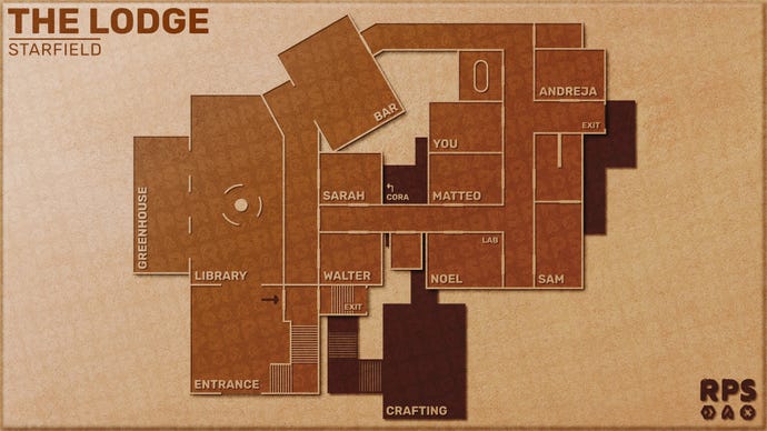 A custom-made 2D top-down map of The Lodge building in Starfield, with the various rooms annotated.