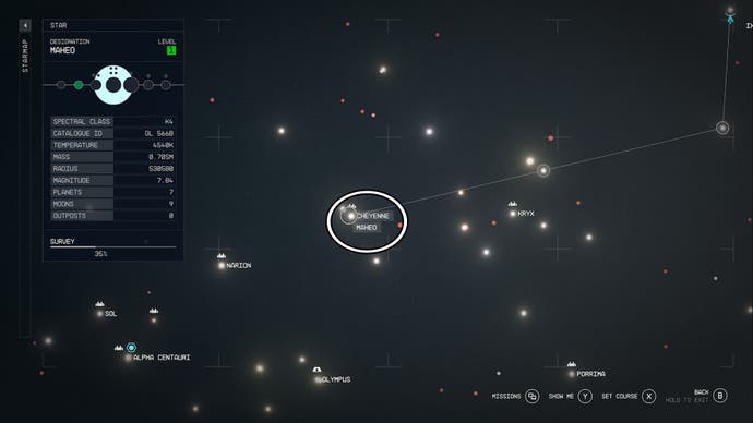 Starfield Maheo system location circled on star map
