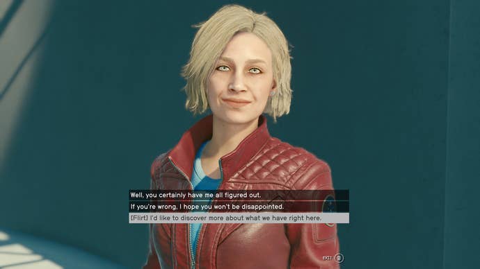 The player having a flirty conversation with Sarah Morgan, one of the characters you can marry in Starfield