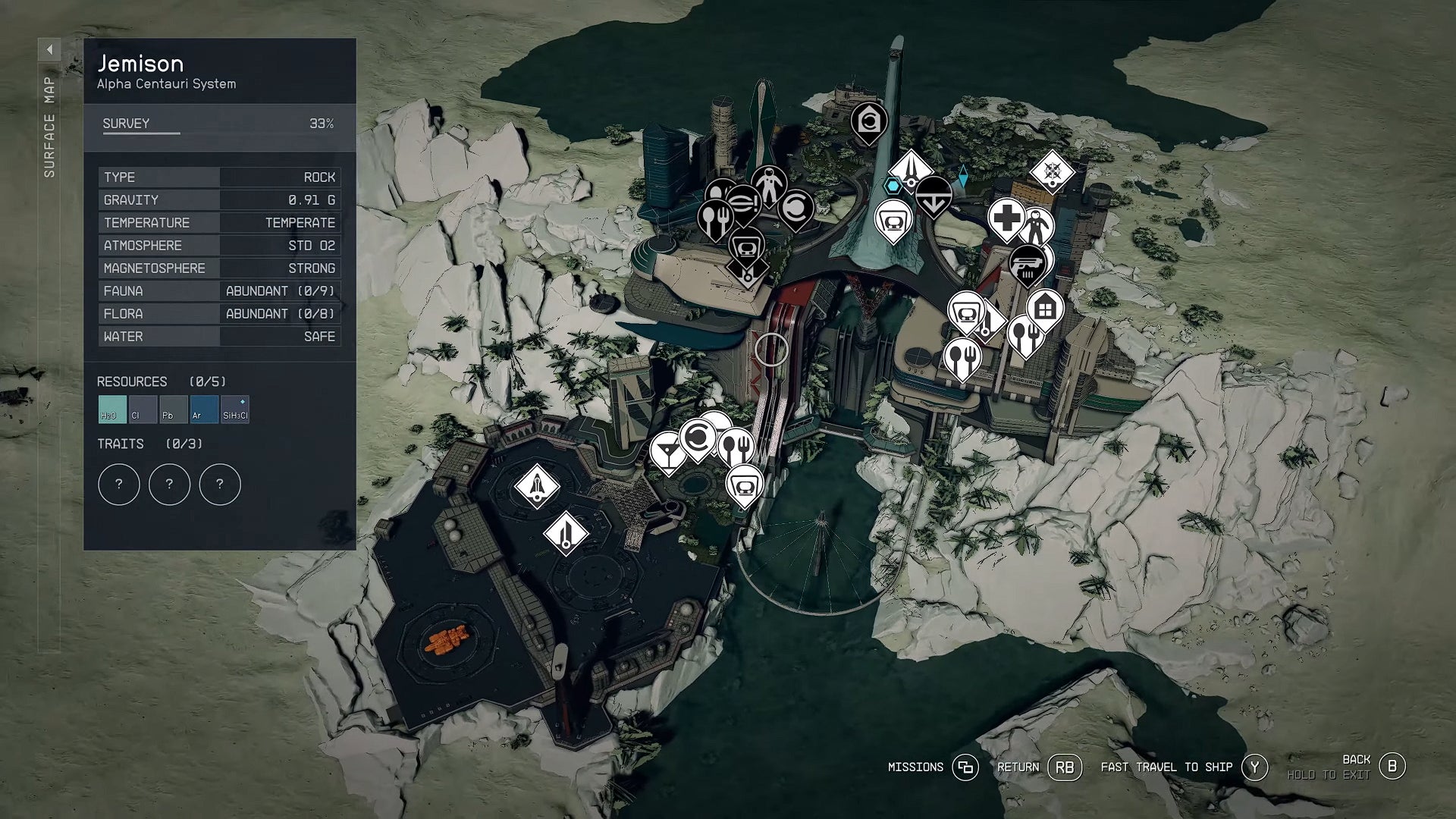 The improved surface map in Starfield introduced with its May 2024 update, showing points of interest and terrain markers - 4