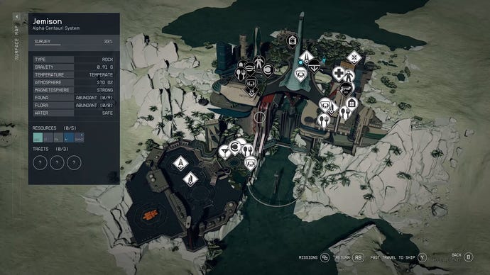Die mit dem Update vom Mai 2024 eingeführte verbesserte Oberflächenkarte in Starfield zeigt Sehenswürdigkeiten und Geländemarkierungen