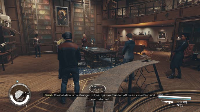 Members of Constellation gather around the meeting table in The Lodge for the memorial service in Starfield.