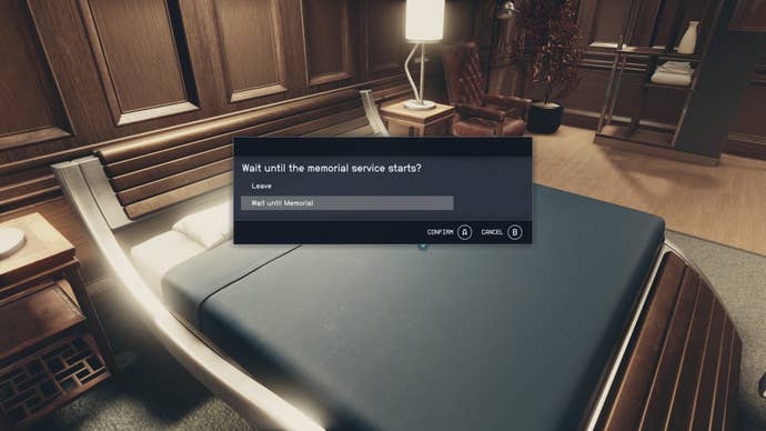 A window offering the opportunity to either leave the bed or sleep until the memorial service in Starfield.
