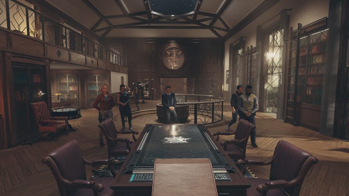 Players stand in front of their fellow Constellation members at The Lodge in Starfield.