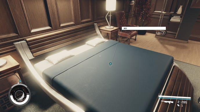 Players return to their bedroom at The Lodge on Jemison where a bed to sleep in is centered in the room in Starfield.