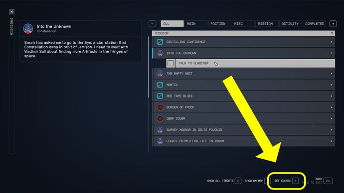 The Missions Menu screen in Starfield, with the "Set Course" option highlighted in yellow.