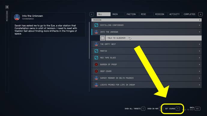 The Missions Menu screen in Starfield, with the “Set Course” option highlighted in yellow.