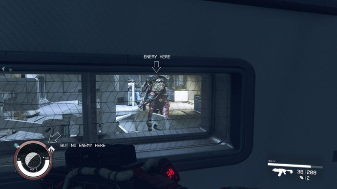 A player in Starfield stares through a glass window at an enemy. A mod means no enemy dot appears on the player’s compass despite the enemy’s presence.