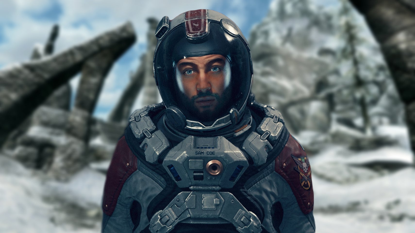 Starfield's Sam Coe standing in front of a Bleak Falls Barrow in Skyrim. - 1