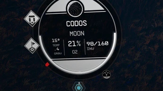 A close-up of the compass UI element in Starfield, which shows the player’s current encumbrance level thanks to the Scanner Encumbrance Display mod.