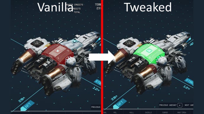 A side-by-side comparison of the same unfinished ship in Starfield. Left: Vanilla Starfield, showing that a module won’t fit in the ship. Right: the same module will now fit thanks to the Ship Builder Tolerance Tweaks mod.