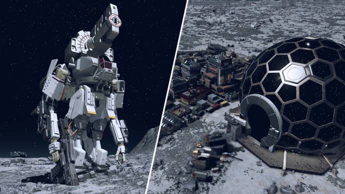 A mech in Starfield and one of the mod’s colonies.