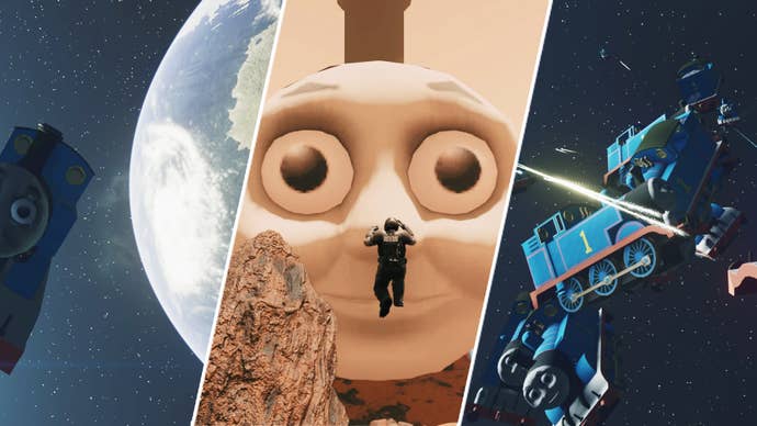 A triple split image of Thomas the Tank Engine, modded into Starfield