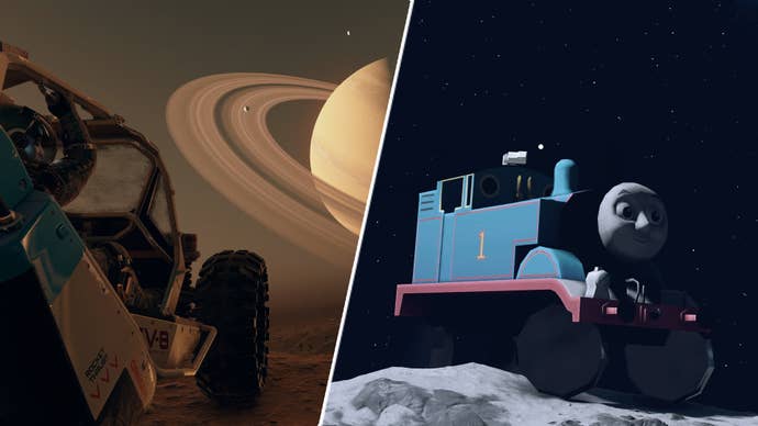 Starfield’s Rev-8 moon buggy alongside it as Thomas the Tank Engine.