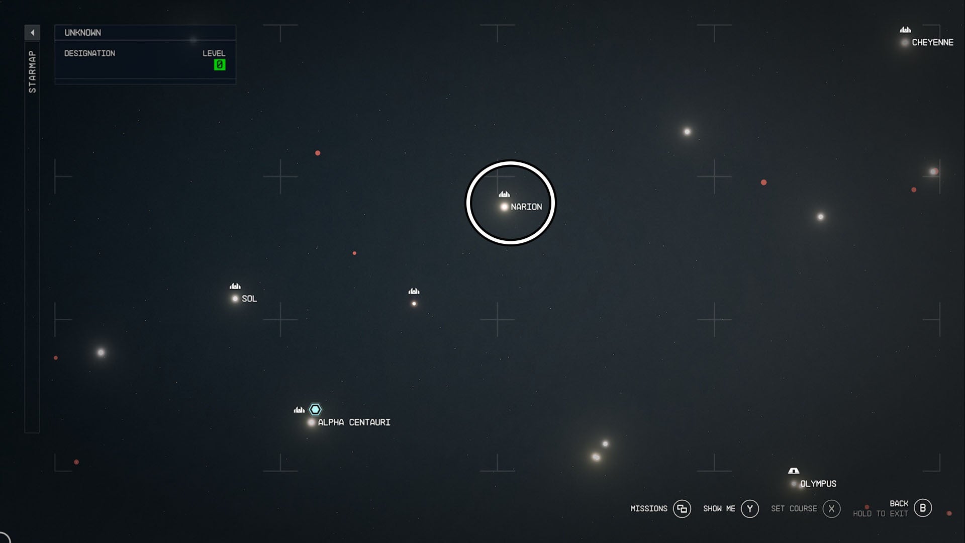 Starfield Narion system location circled on star map