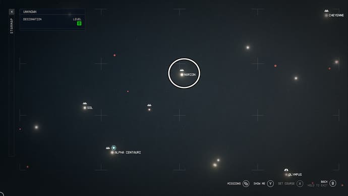 Starfield Narion system location circled on star map
