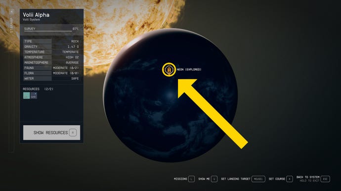 The map of Volii Alpha in Starfield, with the location of the city of Neon highlighted.