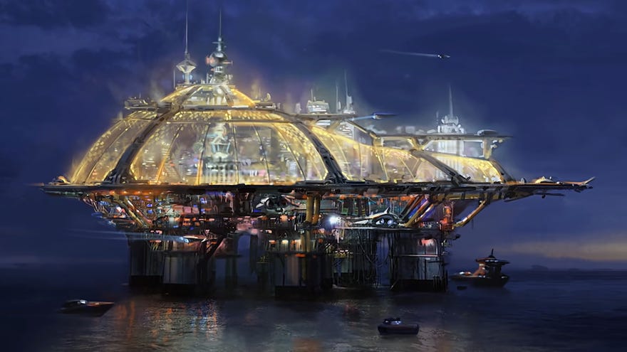 Concept art of the floating island city of Neon in Starfield.