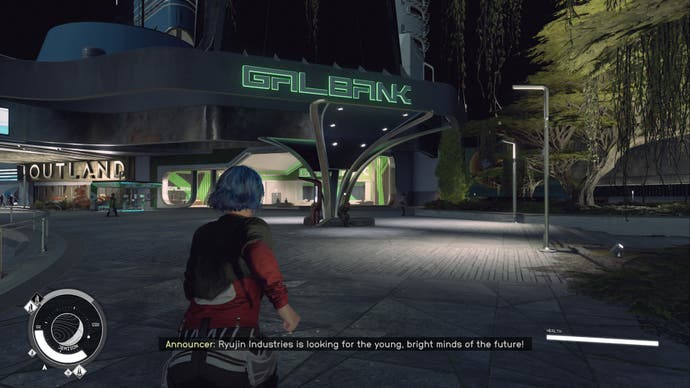 starfield new atlantis, player is running towards green galbank building at night