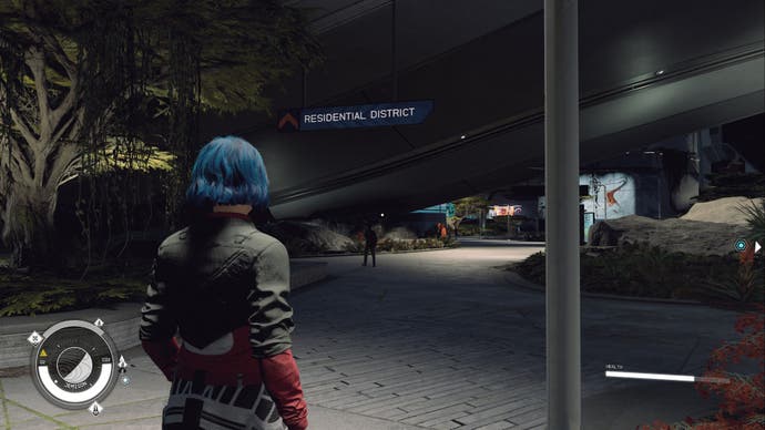 starfield, player is looking at the new atlantis residential district sign at night.