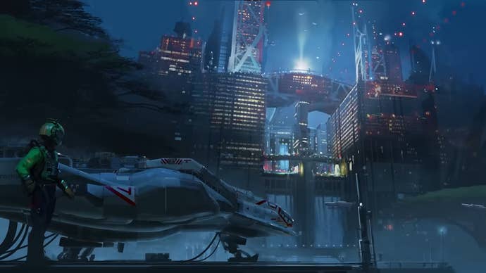 Concept art of New Atlantis, a city in Starfield.