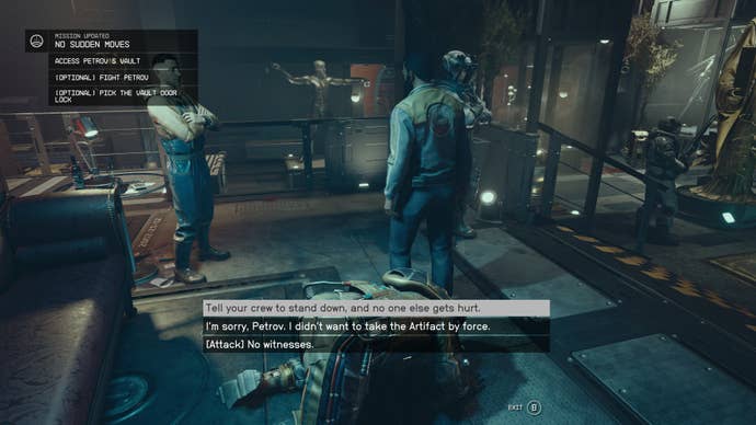 Captain Petrov surrenders on the ground and tells his crew to stand down in Starfield.