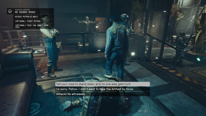 Captain Petrov surrenders on the ground and tells his crew to stand down in Starfield.