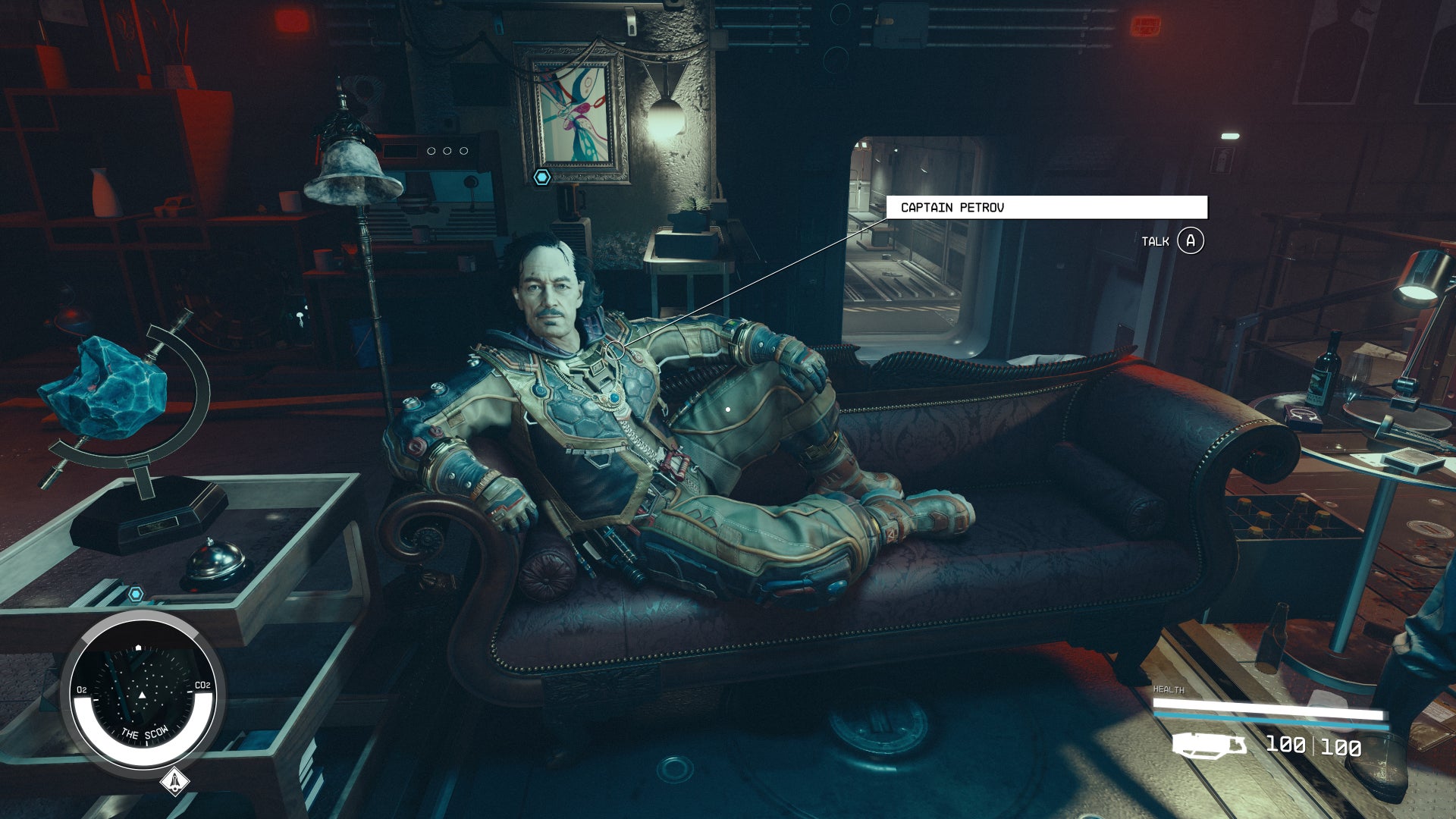 Captain Petrov lays leisurely upon his throne chair aboard The Scow in Starfield.