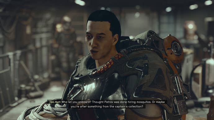 Players are greeted by Tao Xun, crew member of The Scow, upon arrival on the ship in Starfield.