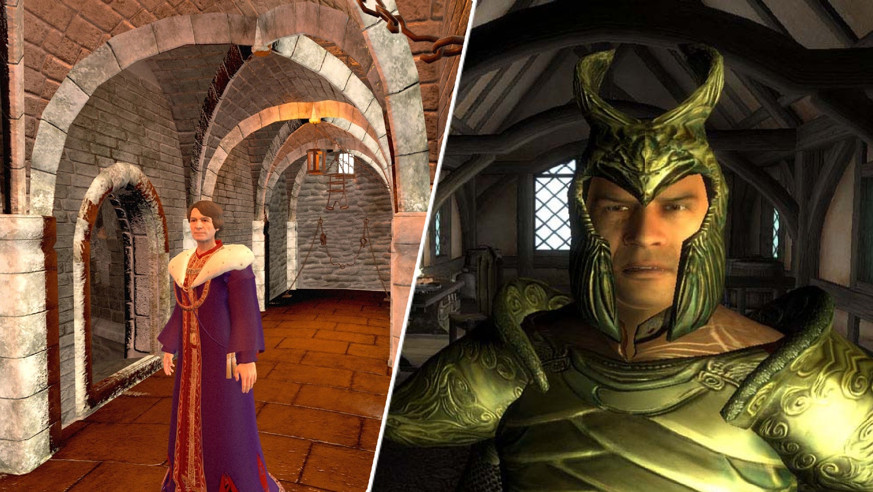 A high elf in The Elder Scrolls IV: Oblivion next to a Starfield character dressed as Emperor Uriel Septim. - 1
