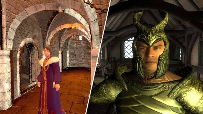 A high elf in The Elder Scrolls IV: Oblivion next to a Starfield character dressed as Emperor Uriel Septim.