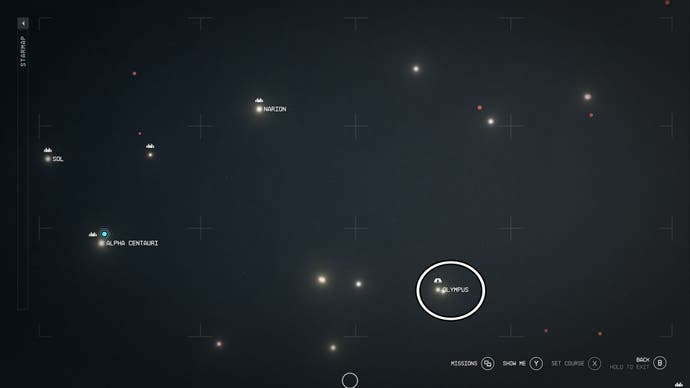 Starfield Olympus system location circled on star map