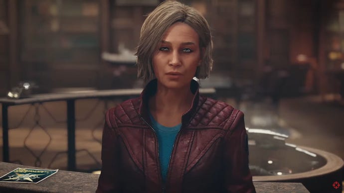 A woman wearing a red leather jacket stands in an office filled with artifacts in Starfield