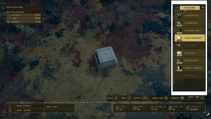 starfield outpost building module and item build inventory panel