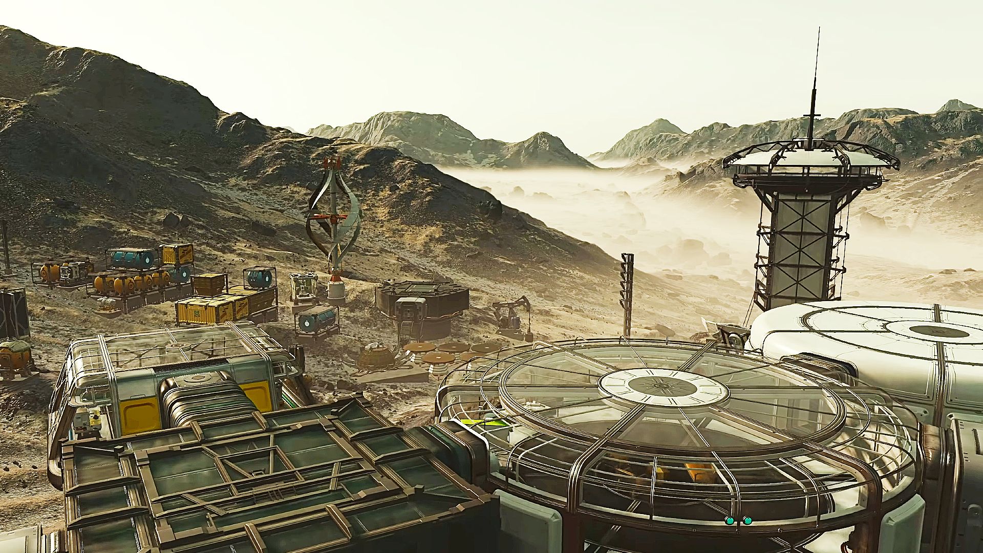 An outpost in Starfield: all glass and metal and antennas, in the backdrop of a beige, dusty planet. - 3