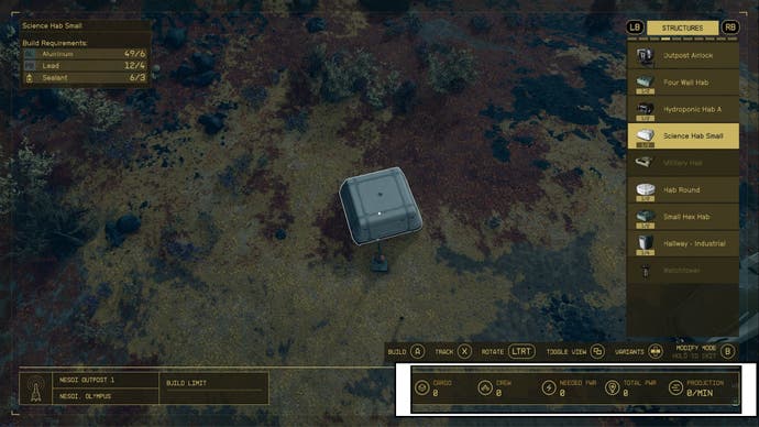 starfield, the outpost stats menu is highlighted in the outpost builder.