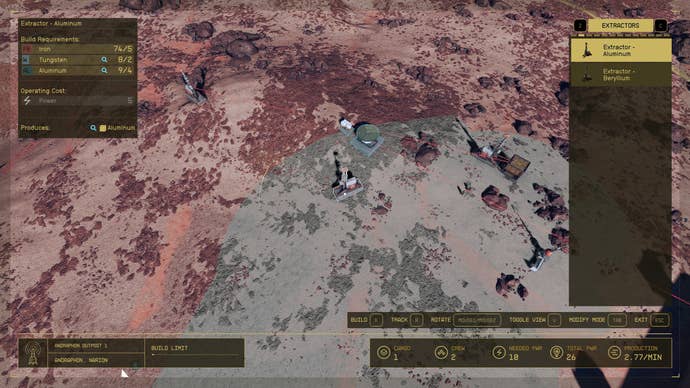 A bird’s eye view of a planet landscape in Starfield as the player expands their outpost across the surface.